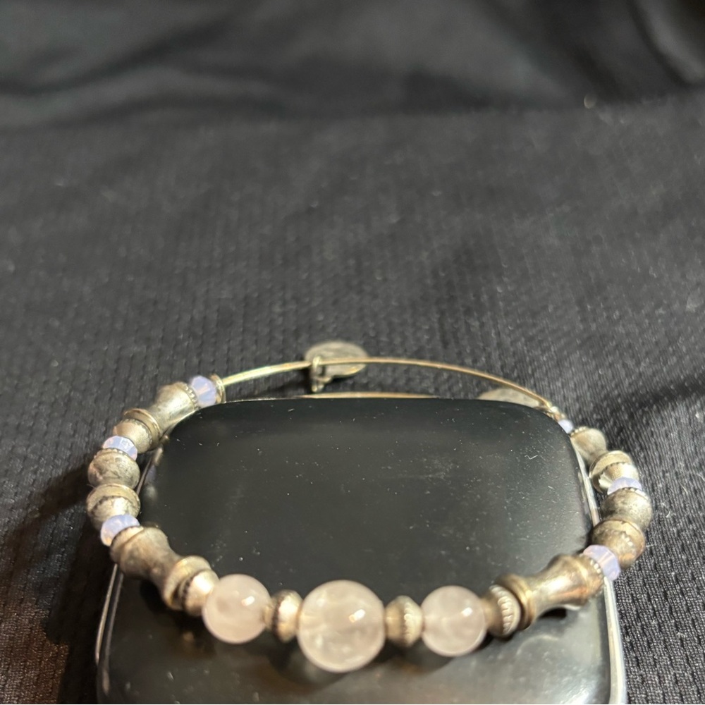 Elegant Silver Alex and Ani Rose Quartz beaded bangle bracelet